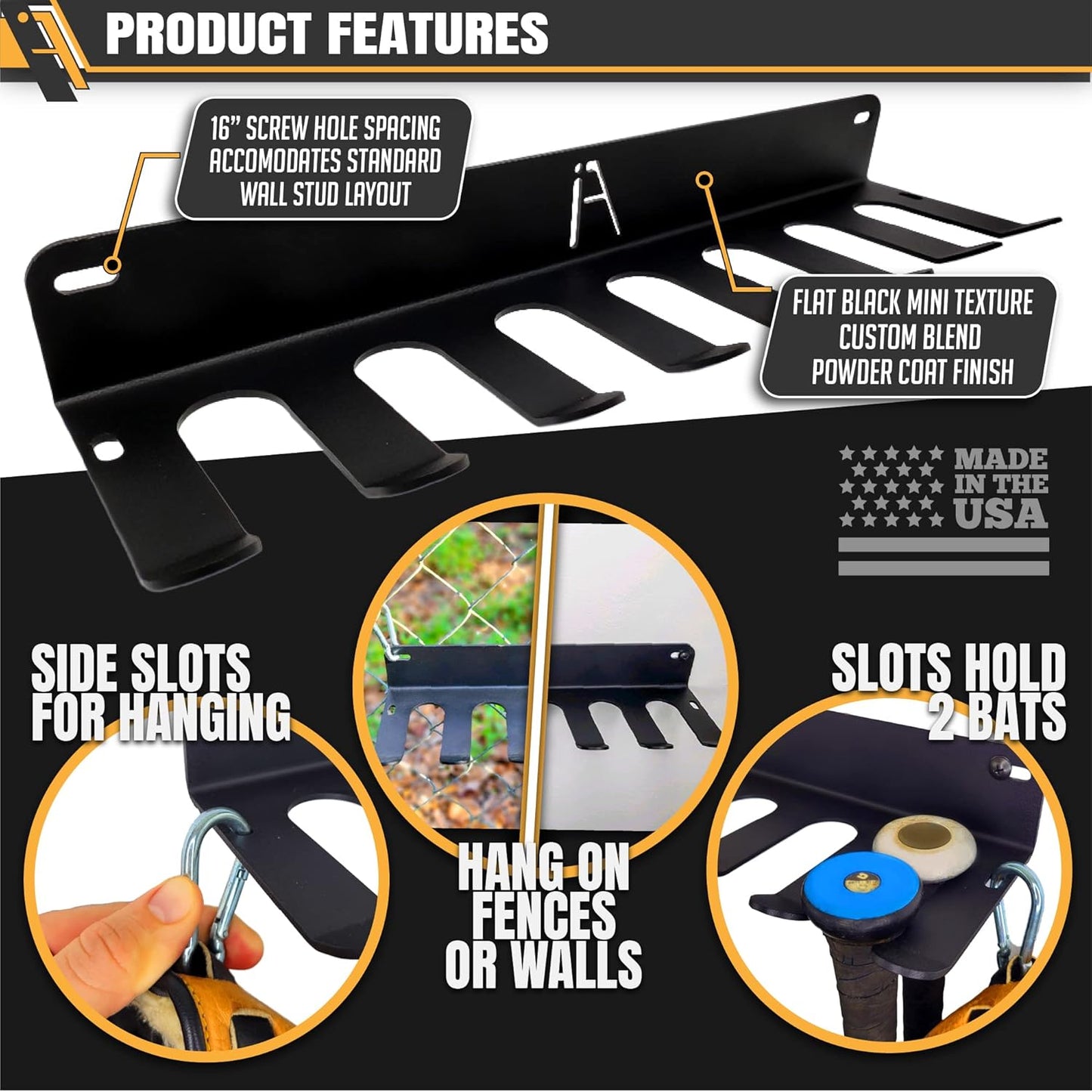 ALPHA BAT RACK XL (HOLDS 14 BATS) - Fence & Wall Mounted Baseball / Softball STEEL Bat Rack - Hardware INCLUDED for Fences/Concrete - Heavy Duty STEEL Rack for Baseball Storage/Organization