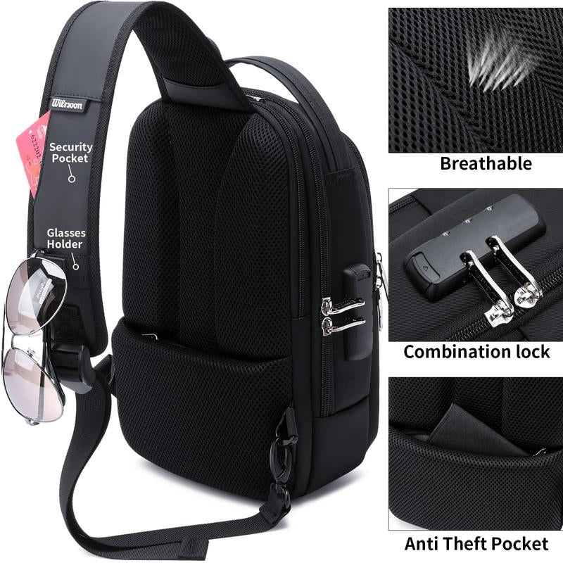 Hiking Daypack Shoulder Backpack Crossbody Sling Bag for Men, Chest Bags with USB Charger Port for Casual Camping Biking Travel Cycling
