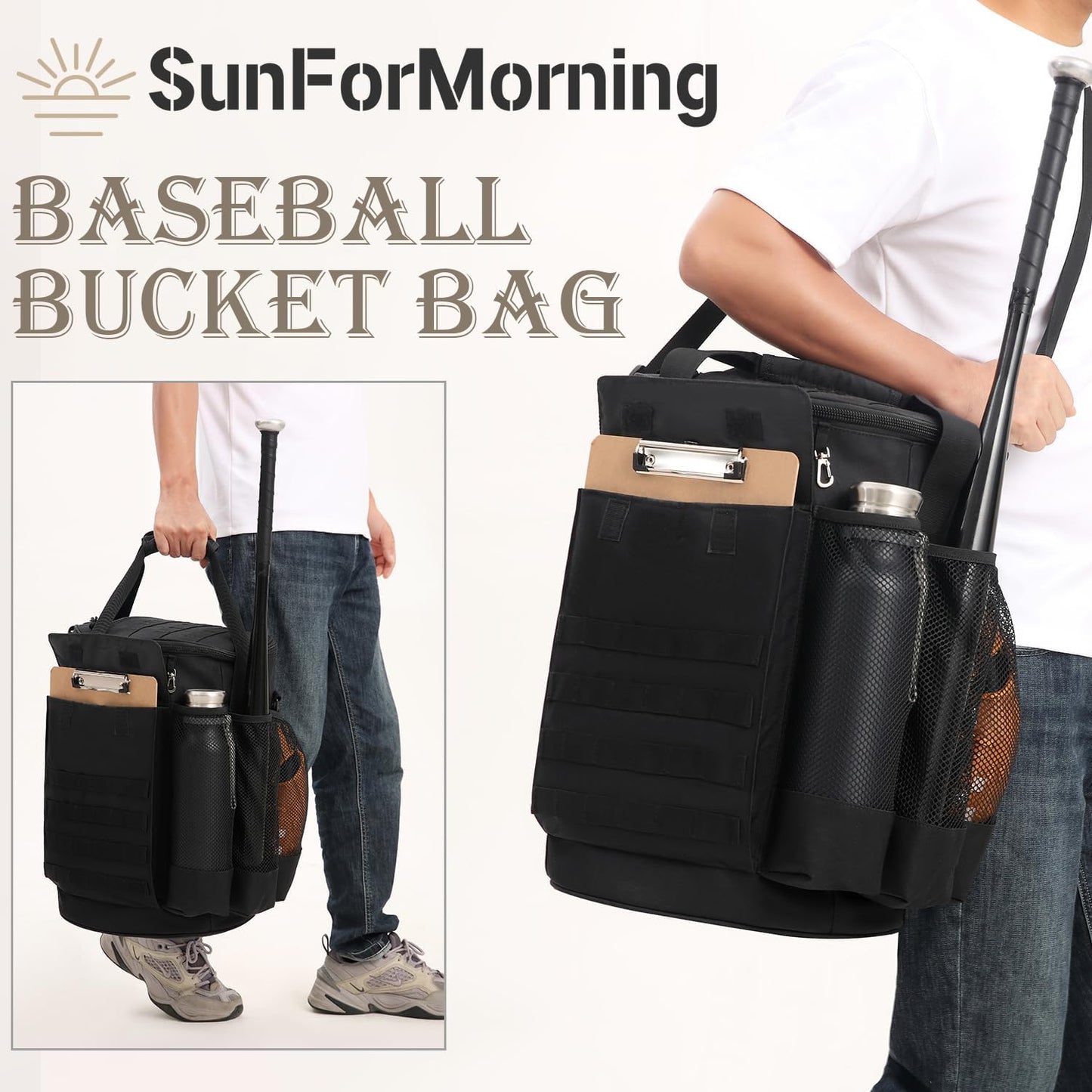 Baseball Bucket Bag Baseball Coaching Accessories Organizer Tactical Style Softball Bucket Bag with Anti-Slip Bottom, Multiple Pockets for Bat, Gloves, Scoreboards