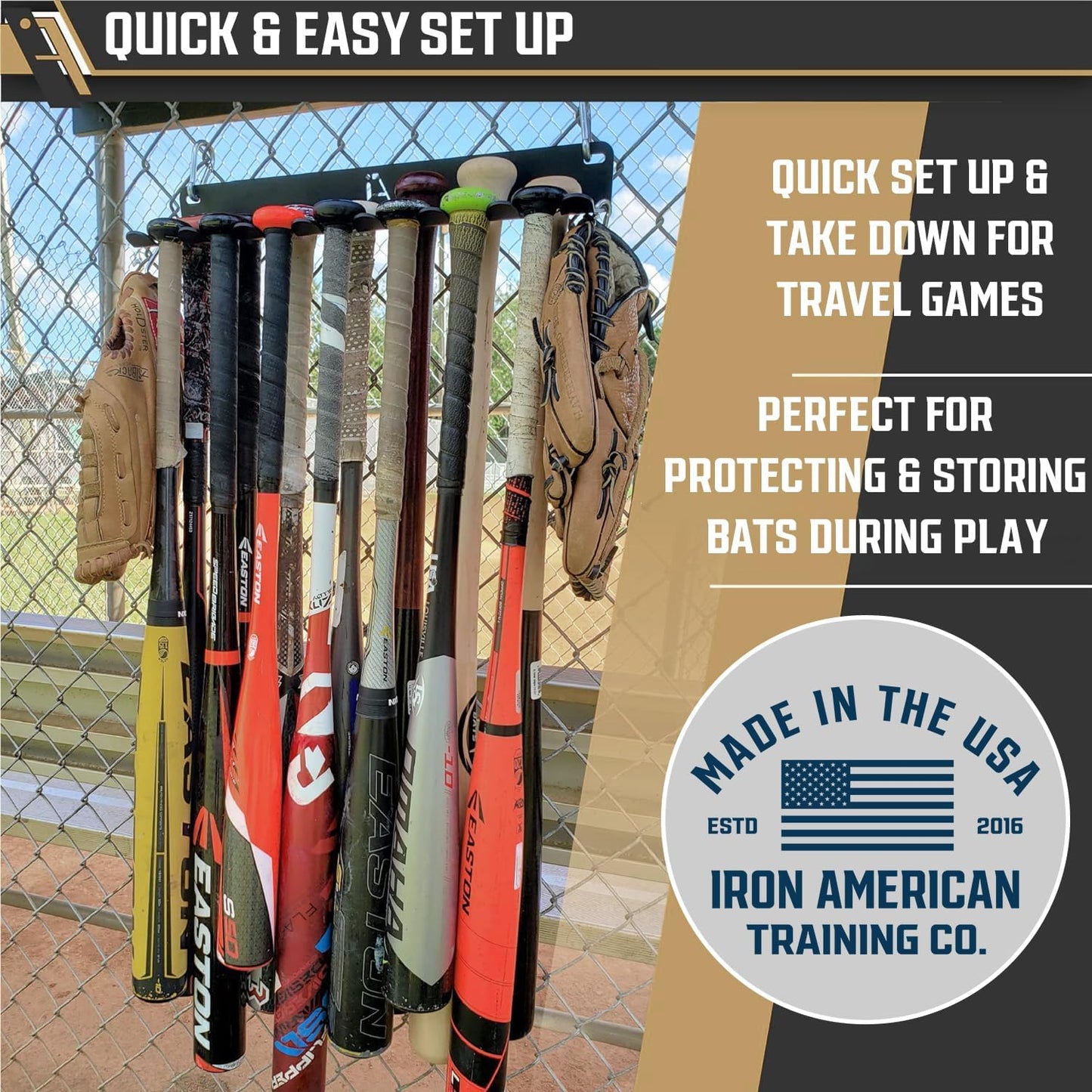 ALPHA BAT RACK XL (HOLDS 14 BATS) - Fence & Wall Mounted Baseball / Softball STEEL Bat Rack - Hardware INCLUDED for Fences/Concrete - Heavy Duty STEEL Rack for Baseball Storage/Organization