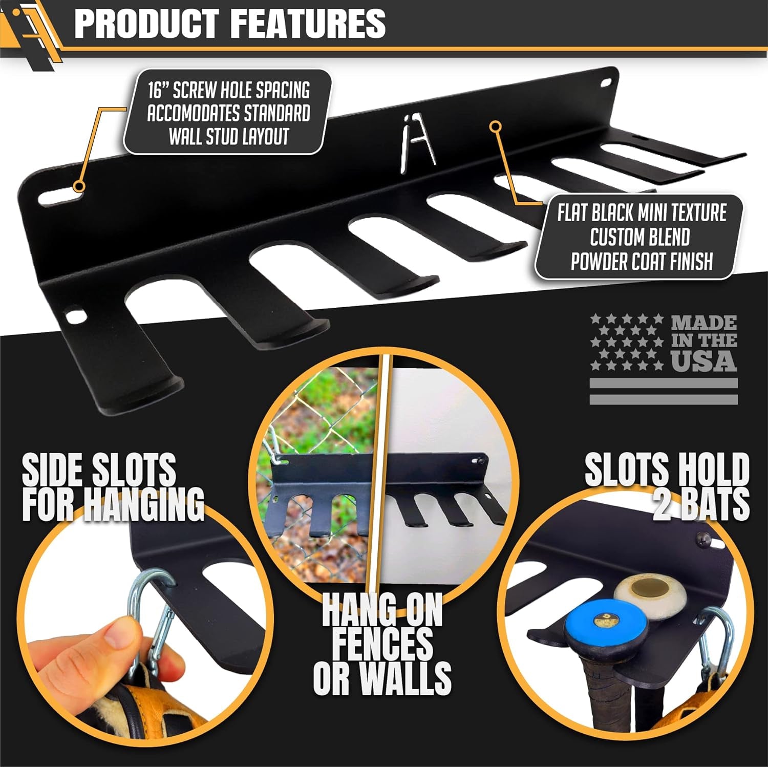 ALPHA BAT RACK XL (HOLDS 14 BATS) - Fence & Wall Mounted Baseball / Softball STEEL Bat Rack - Hardware INCLUDED for Fences/Concrete - Heavy Duty STEEL Rack for Baseball Storage/Organization