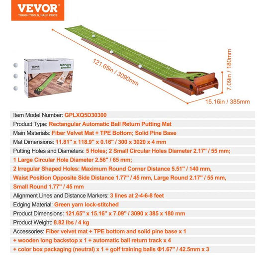 VEVOR Golf Putting Mat, 5 Hole Indoor Golf Putting Green, Wrinkle-Free Golf Training Aid, Mini Golf Set with Auto-Ball Return, Alignment Guide, 3 Ball, Wood Base, Game Practice Gift for Home Offic
