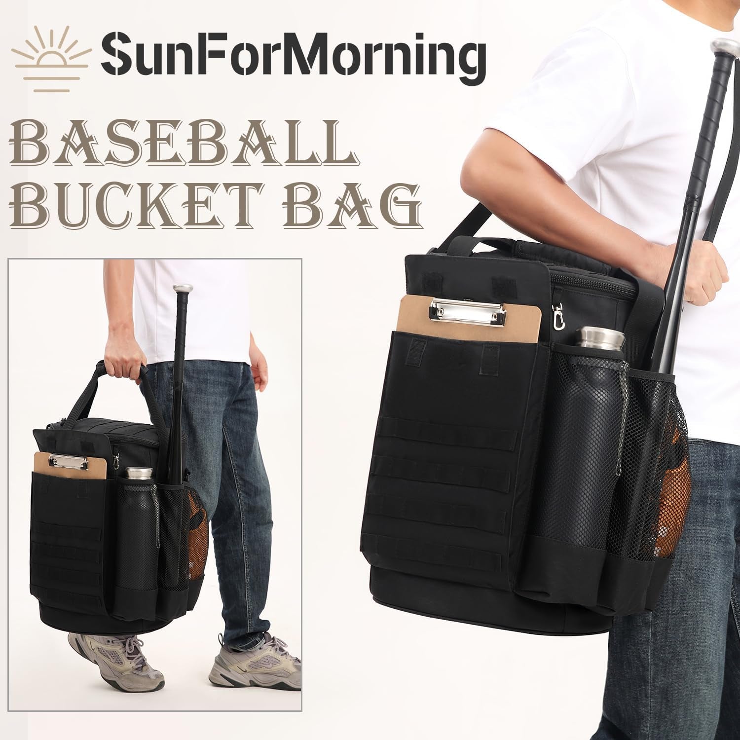 Baseball Bucket Bag Baseball Coaching Accessories Organizer Tactical Style Softball Bucket Bag with Anti-Slip Bottom, Multiple Pockets for Bat, Gloves, Scoreboards